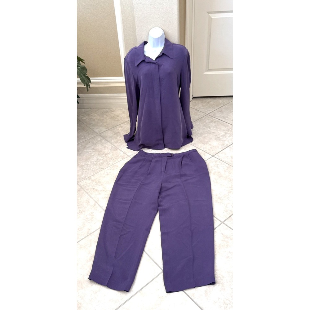 VTG Lord & Taylor Silk Purple 2 Piece Outfit Pants Set Size 16 Career Business